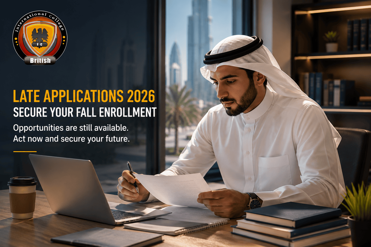 Two Arab male professionals in crisp white thobes discussing university admissions in a dark charcoal and navy executive office with high-contrast cinematic lighting. No women, no logos, and no text elements.